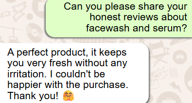 Text message review of vybe facewash and serum product on a textured background