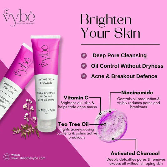 Vybe skincare products with features on a pink background