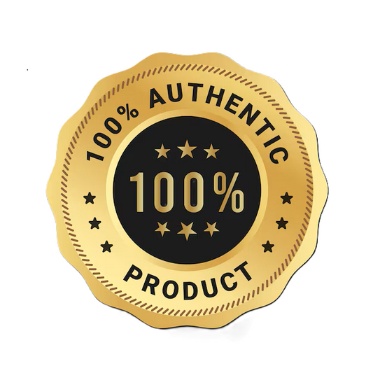 Gold and black badge with '100% Authentic Product' text on a white background
