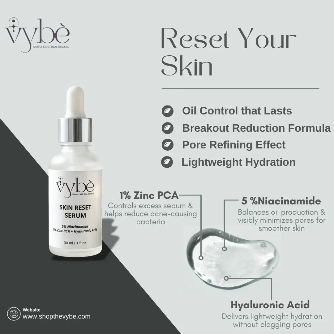 Vybe skin reset serum with product details on a gray and white background